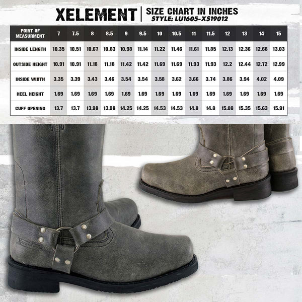 Xelement LU1605 Men's Classic Stone Wash Grey 13-inch Leather Harness Motorcycle Boots