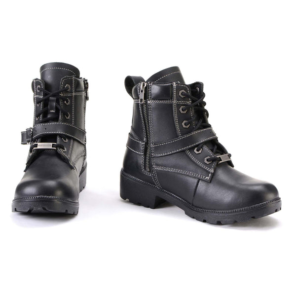 Milwaukee Leather MBL9312 Women's Black Leather Lace-Up 7-Inch Harness Motorcycle Rider Boots w/ Buckle