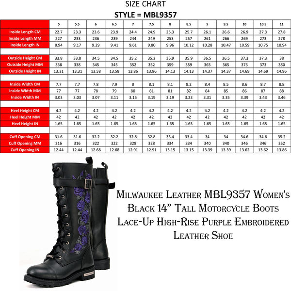 Milwaukee Leather MBL9357 Women's Black 14” Tall Motorcycle Boots Lace-Up High-Rise Purple Embroidered Leather Shoe
