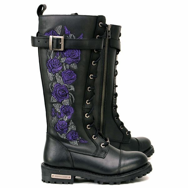 Milwaukee Leather MBL9357 Women's Black 14” Tall Motorcycle Boots Lace-Up High-Rise Purple Embroidered Leather Shoe