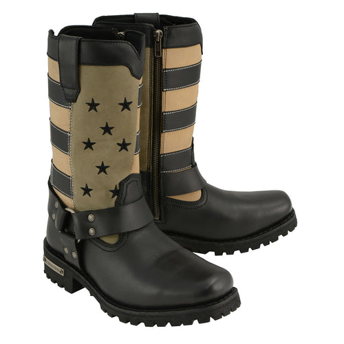 Milwaukee Leather MBL9363 Women’s ‘Stars and Stripes’ Black and Tan Leather Motorcycle Rider Harness Boots