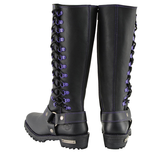 Milwaukee Leather MBL9366 Women's Black 14-inch Leather Harness Motorcycle Boots with Purple Accent Lacing