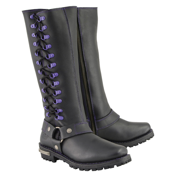 Milwaukee Leather MBL9366 Women's Black 14-inch Leather Harness Motorcycle Boots with Purple Accent Lacing