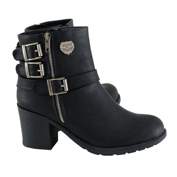 Milwaukee Leather MBL9405 Women's Short Black Fashion Boots with Side Zippers and Triple Buckle Adjustment