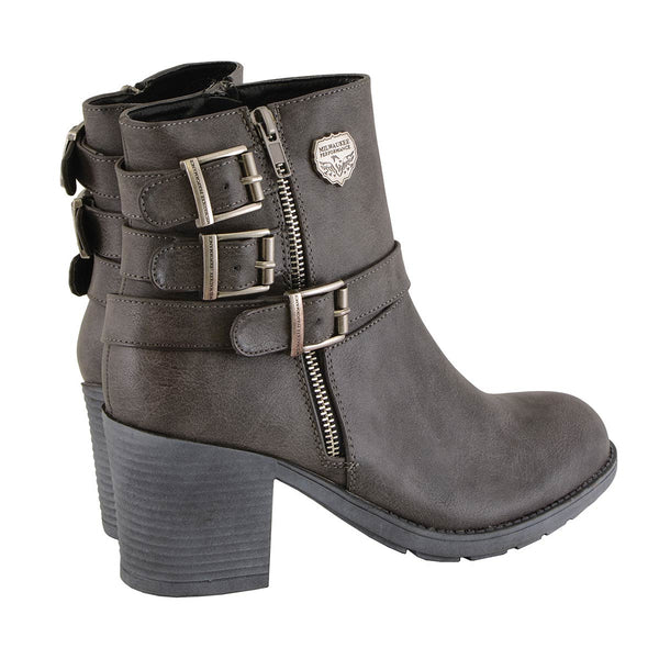 Milwaukee Leather MBL9406 Women's Stone Grey 3-Buckle Leather Boots with Platform Heel