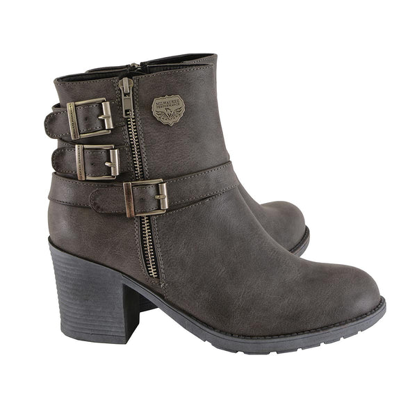 Milwaukee Leather MBL9406 Women's Stone Grey 3-Buckle Leather Boots with Platform Heel