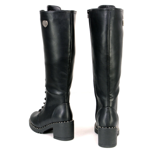 Milwaukee Leather MBL9442 Women's Black Lace-Up Tall Biker Fashion Boots with Platform Heel & Studs