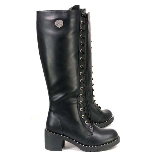 Milwaukee Leather MBL9442 Women's Black Lace-Up Tall Biker Fashion Boots with Platform Heel & Studs