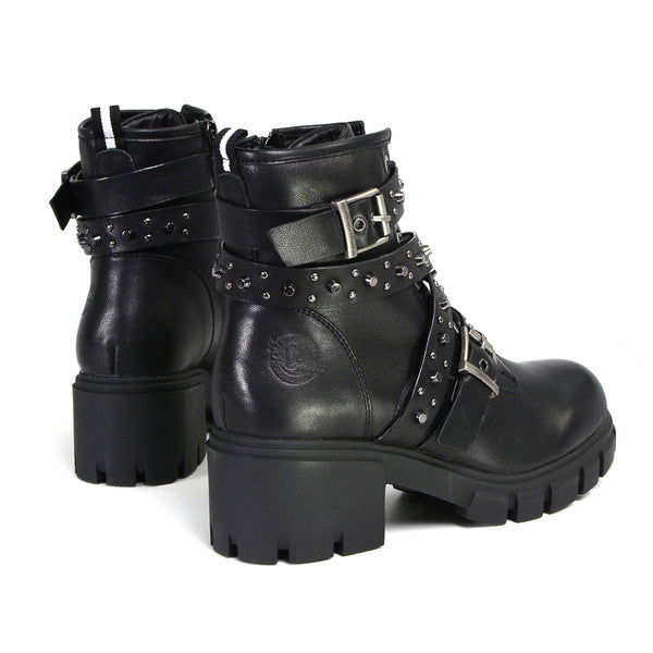 Milwaukee Leather MBL9444 Women's ‘Bruiser’ Premium Black Leather Lace-Up Fashion Boots with Studded Straps