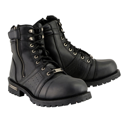 Milwaukee Leather Men's Black Lace-Up Wide-Width Motorcycle Leather Boots with Side Zipper Entry MBM9000W