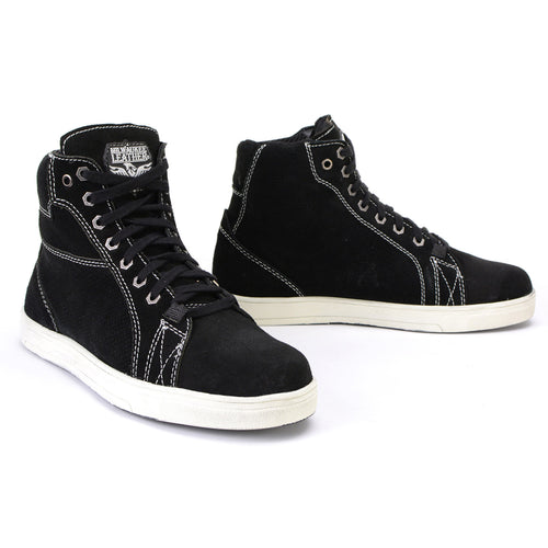 Milwaukee Leather MBM9107 Men's Black Suede Leather w/ White Stitching Reinforced Street Riding Shoes w/ Ankle Support
