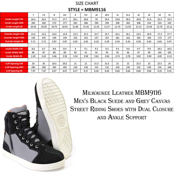 Milwaukee Leather MBM9116 Men's Black Suede and Grey Canvas Street Riding Shoes with Dual Closure and Ankle Support