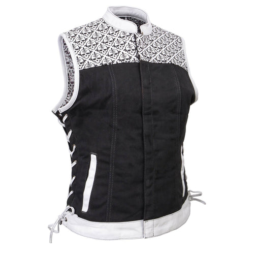 Milwaukee Leather MDL4050 Women's 'Skelly' Black with White Motorcycle Denim Vest w/ Skull Embroidery
