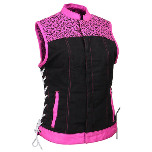 Milwaukee Leather MDL4051 Women's 'Skelly' Black with Pink Motorcycle Denim Vest w/ Skull Embroidery