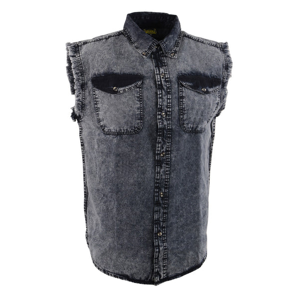 Milwaukee Leather MDM11678 Men’s Classic Grey Button-Down Cut Off Frayed Sleeveless Casual Shirt