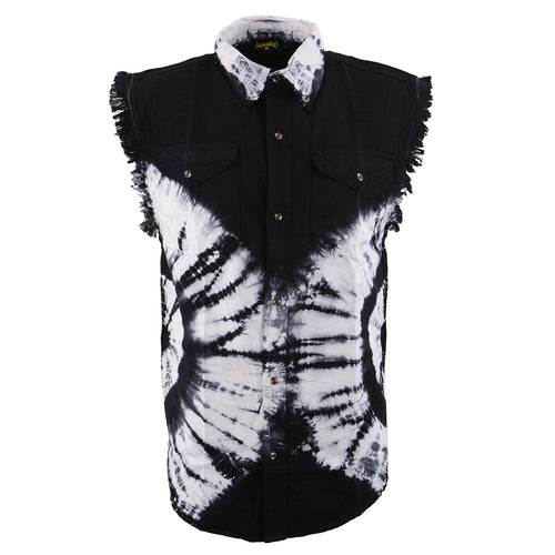 Biker Clothing Co. MDM11679 Men's Classic Black and White Tie-Dye Button-Down Frayed Sleeveless Cut Off Shirt