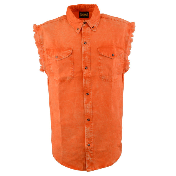 Milwaukee Leather MNG11682 Men’s Classic Orange/Beige Button-Down Cut Off Frayed Sleeveless Casual Shirt