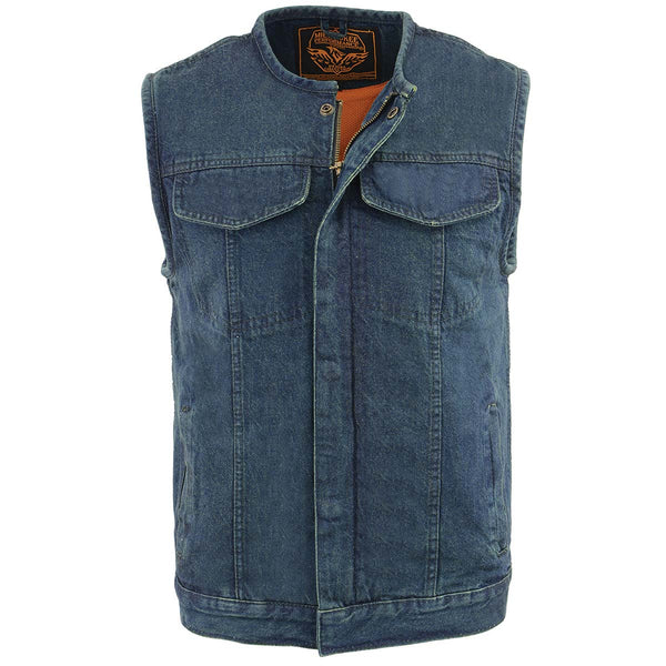 Milwaukee Leather MDM3001 Men's Collarless Blue Denim Club Style Vest with Dual Closure