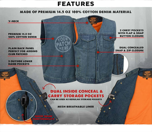 Milwaukee Leather MDM3012 Men's 'Brute' Concealed Snap Blue Denim V-Neck Club Style Vest w/ Hidden Zipper