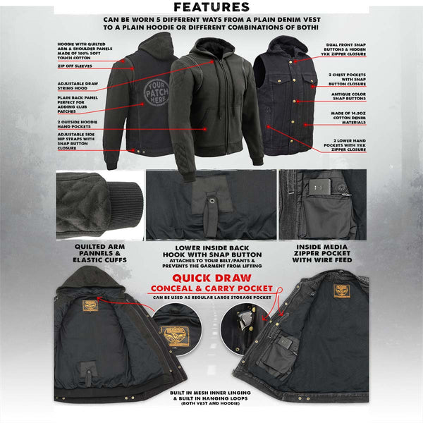 Milwaukee Leather MDM3020 Men's Black Denim '5-in-1' Club Style Vest with Removable Hoodie