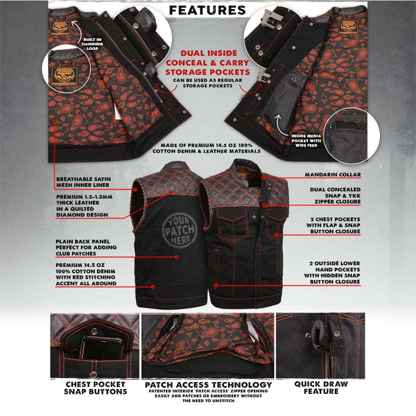 Milwaukee Leather MDM3036 Men's 'Wrecker' Black Denim and Leather Club Style Vest w/ Diamond Quilt Design