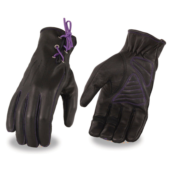 Milwaukee Leather MG7771 Women's Black/ Purple ’I - Touchscreen Compatible’ Laced Wrist Motorcycle Hand Gloves W/ Gel Palm