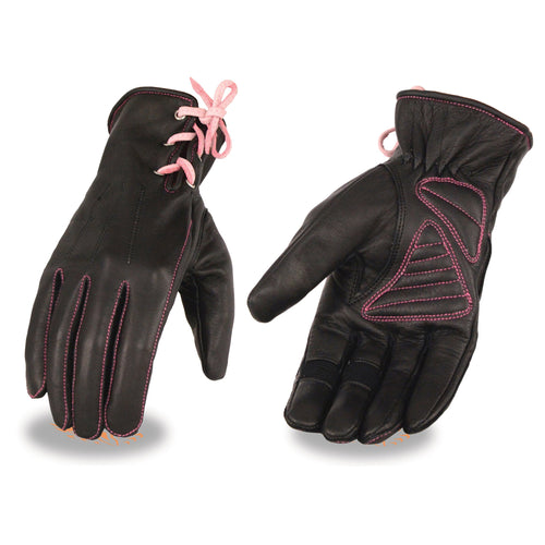 Milwaukee Leather MG7772 Women's Black/ Fuchsia ’I - Touchscreen Compatible’ Laced Wrist Motorcycle Hand Gloves W/ Gel Palm