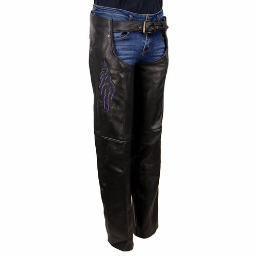 Milwaukee Leather ML1180 Women's Black Leather Chaps with Reflective Wing Detail