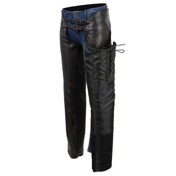 Milwaukee Leather ML1186 Women’s Black Low Rise Double Buckle Leather Chaps with Rivet Detailing