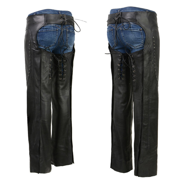 Milwaukee Leather ML1186 Women’s Black Low Rise Double Buckle Leather Chaps with Rivet Detailing