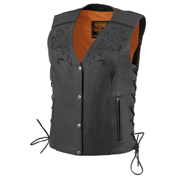 Milwaukee Leather ML1296 Women's Black Leather Side Lace Motorcycle Rider Vest- Reflective Piping and Black Skulls