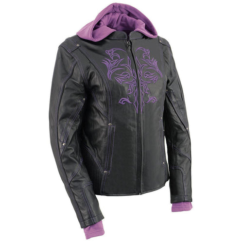 Milwaukee Leather ML2067 Women's 3/4 Black and Purple Leather Hoodie Jacket with Reflective Tribal Design