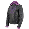 Milwaukee Leather ML2067 Women's 3/4 Black and Purple Leather Hoodie Jacket with Reflective Tribal Design