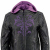 Milwaukee Leather ML2067 Women's 3/4 Black and Purple Leather Hoodie Jacket with Reflective Tribal Design