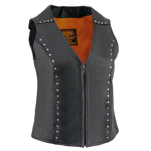 Milwaukee Leather ML2078 Women's Black Naked Leather Motorcycle Rider Vest- Studding Detail with Front Zip Closure