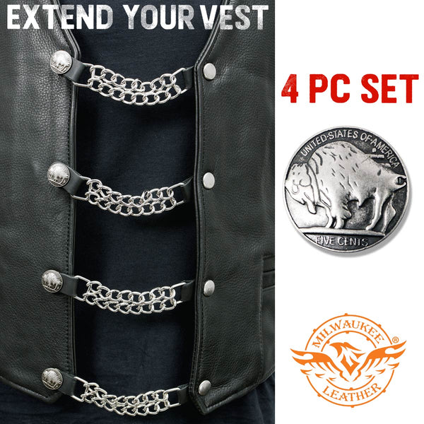 Milwaukee Leather 5 Cent Buffalo Medallion Vest Extender - Double Chrome Chains Genuine Leather 6.5" Extension 4-PCS MLA6009SET