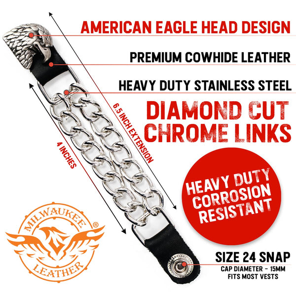 Milwaukee Leather Eagle Head Medallion Vest Extender - Double Chrome Chains Genuine Leather 6.5" Extension 4-PCS MLA6011SET
