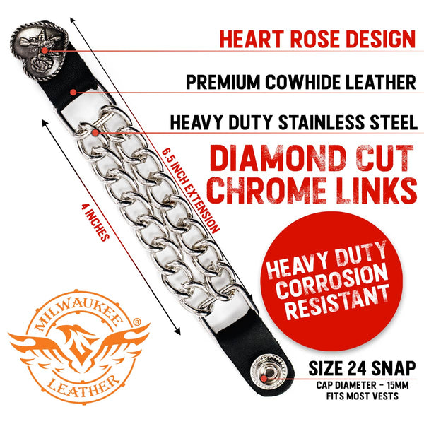 Milwaukee Leather Heart Rose Medallion Vest Extender - Double Chrome Chains Genuine Leather 6.5" Extension 4-PCS MLA6013SET