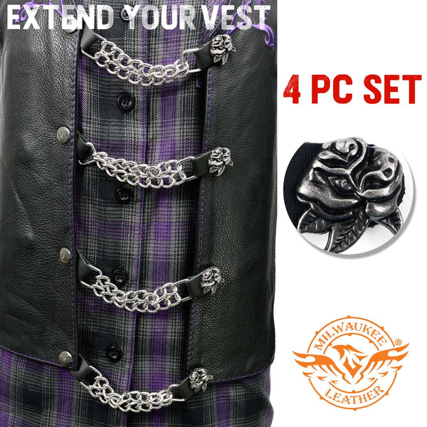 Milwaukee Leather Rose Engraving Medallion Vest Extender - Double Chrome Chains Genuine Leather 6.5" Extension 4-PCS MLA6018SET