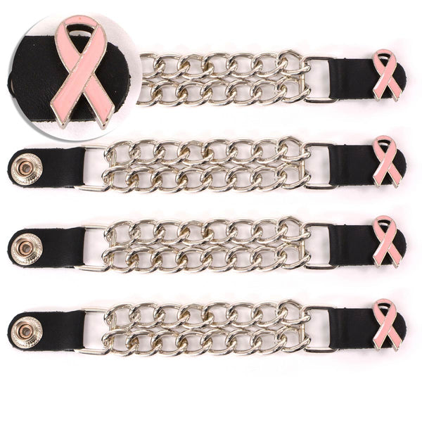 Milwaukee Leather Pink Ribbon Medallion Vest Extender - Double Chrome Chains Genuine Leather 6.5" Extension 4-PCS MLA6021SET