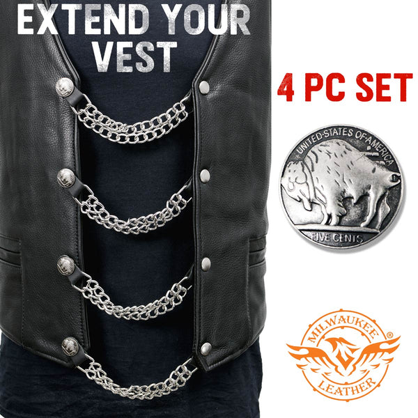 Milwaukee Leather 5 Cent Buffalo Medallion Vest Extender - Double Chrome Chains Genuine Leather 8.5" Extension 4-PCS MLA6043SET