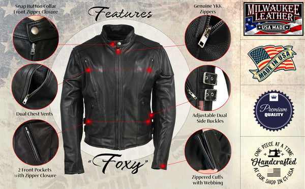 Milwaukee Leather USA MADE MLJKL5001 Women's Black 'Foxy' Premium Motorcycle Leather Jacket with Vents