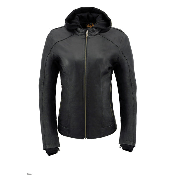 Milwaukee Leather MLL2545 Women's Lightweight Black Leather Jacket with Removable Hoodie