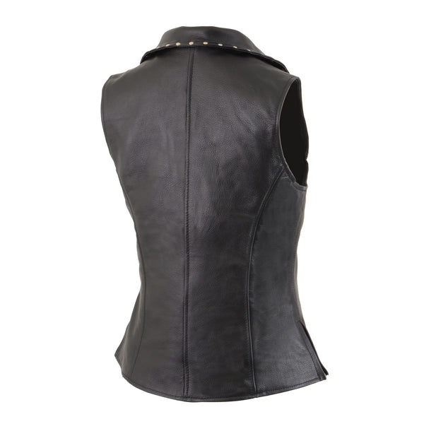 Milwaukee Leather MLL4503 Women's Black Leather Classic V-Neck Motorcycle Rider Vest W/Riveted Lapel Collar Detail