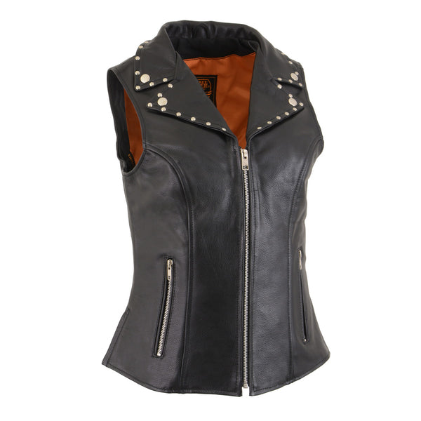 Milwaukee Leather MLL4503 Women's Black Leather Classic V-Neck Motorcycle Rider Vest W/Riveted Lapel Collar Detail