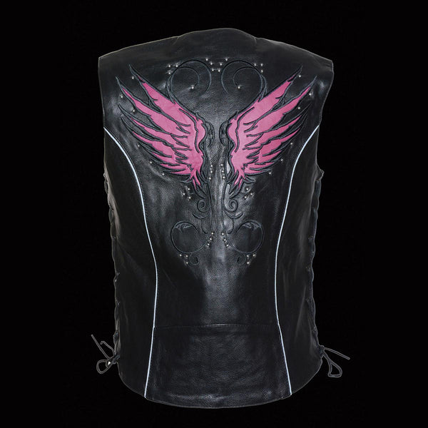 Milwaukee Leather MLL4505 Women's Black Leather Side Lace Motorcycle Rider Vest- Reflective and Studded Pink Wings