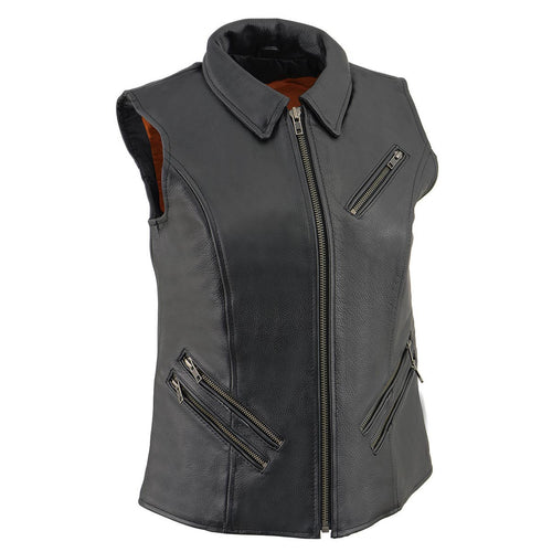 Milwaukee Leather MLL4520 Women’s Black Shirt Collar Motorcycle Rider Vest w/ 4 Front Lower Pockets