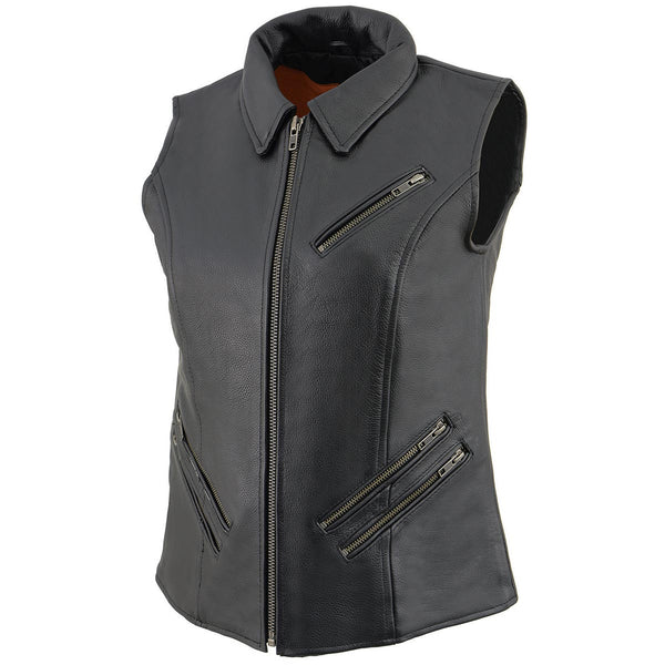 Milwaukee Leather MLL4520 Women’s Black Shirt Collar Motorcycle Rider Vest w/ 4 Front Lower Pockets