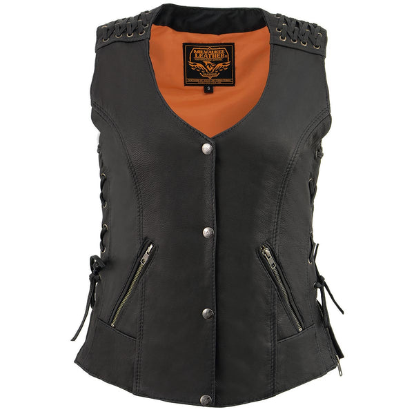Milwaukee Leather MLL4525 Women's Black Leather Lightweight Lace to Lace Lower Zip Expansion Motorcycle Rider Vest