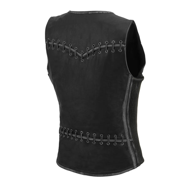 Milwaukee Leather MLL4526 Women's Distress Grey Leather Motorcycle Rider Vest- Stretch Side Panel W/ Lacing Detail